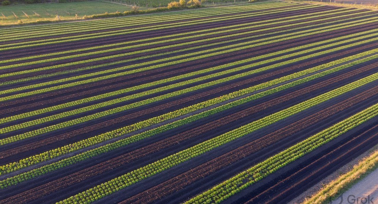 Aerial view of straight vegetable rows in dark soil, Niagara region