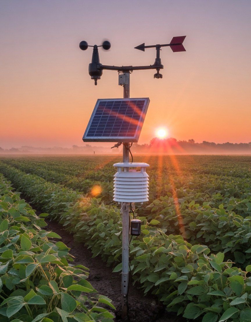 Solar-powered field station in a soybean field at sunrise